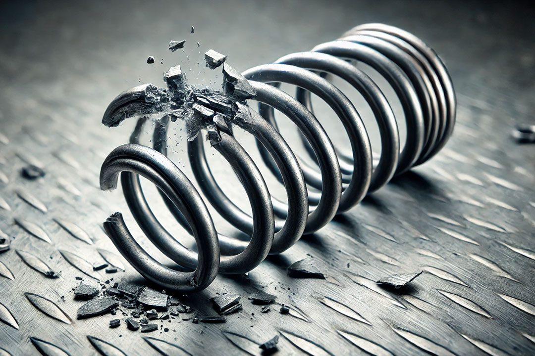 Broken compression spring with fracture damage on metal surface